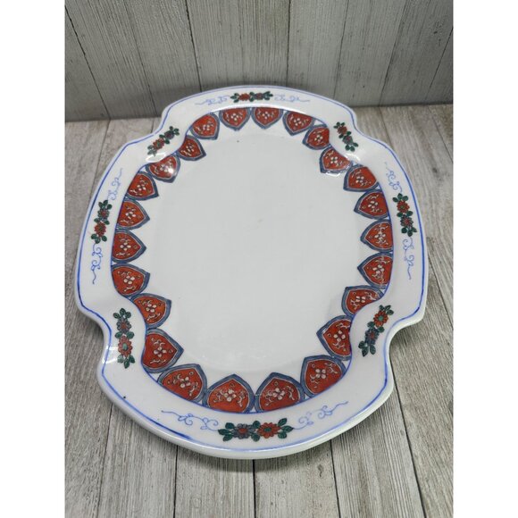 Vtg Stunning Red Stamp Chinese Heavy Porcelain Platter Tray 13" x 10" - Picture 3 of 10
